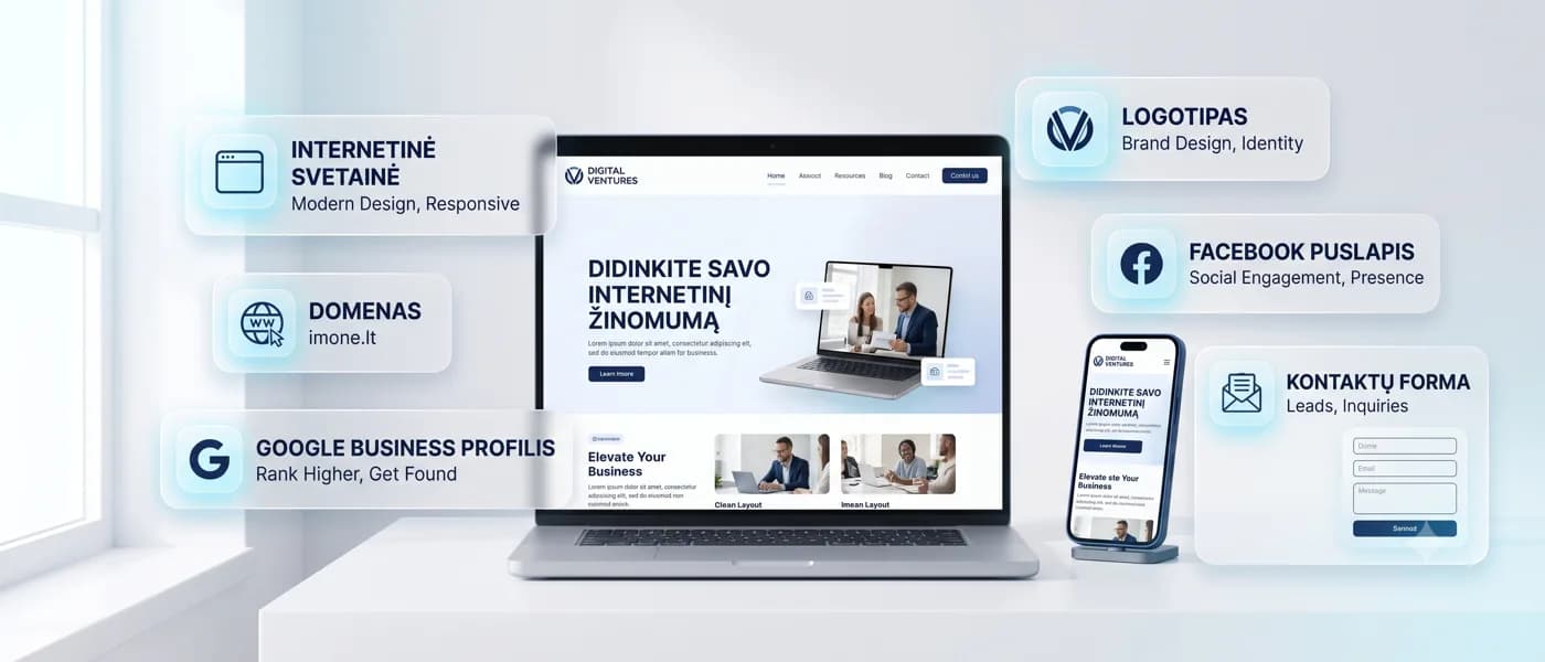 Infoin Matomumas: internetinė svetainė, domenas, logotipas, Facebook puslapis, Google Business profilis ir kontaktų forma